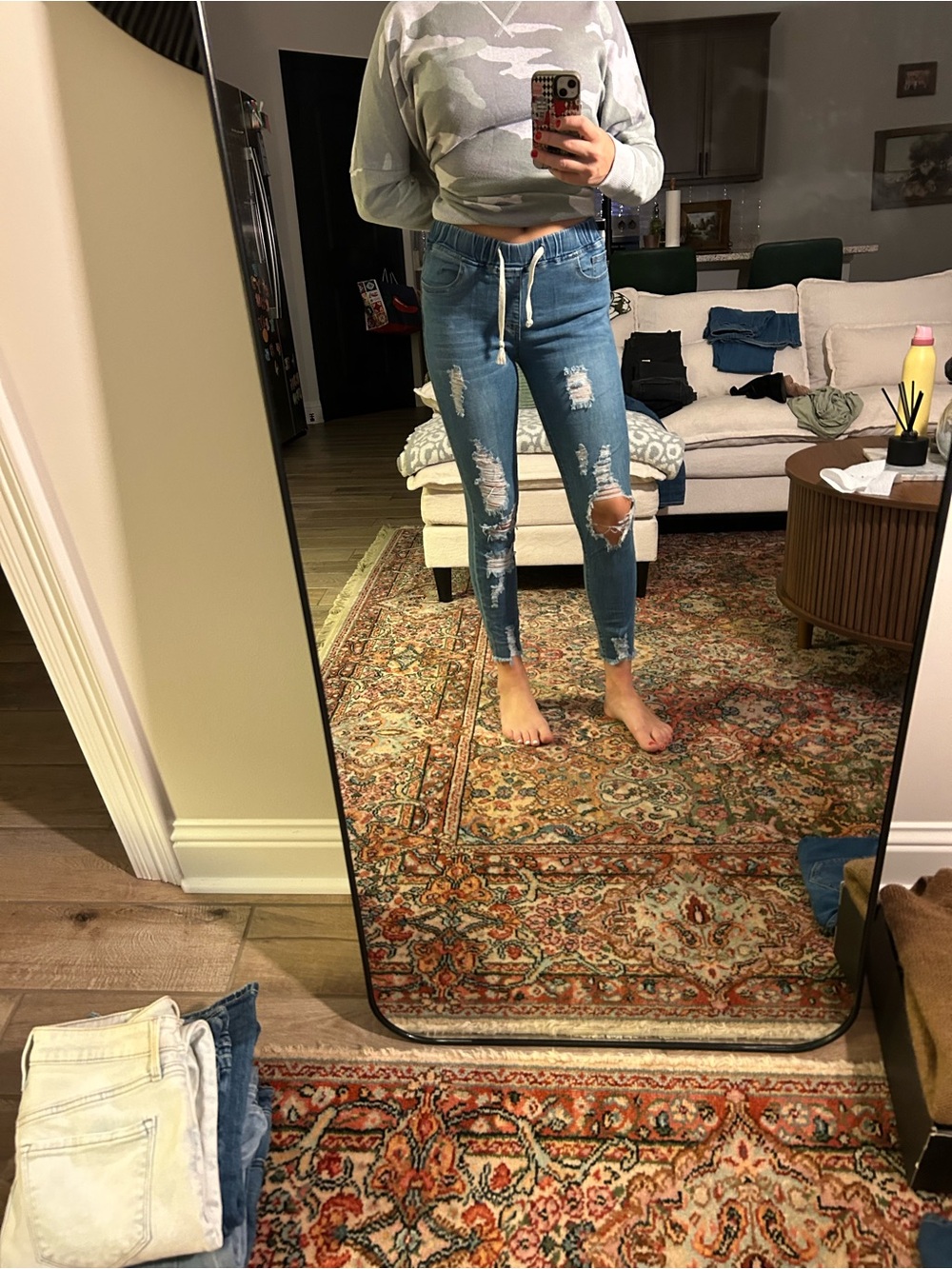 Skinny Distressed Drawstring Jeans - Light Blue